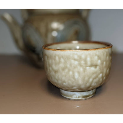 Vintage Japanese Drip Stoneware Teapot with Six Tea Bowl Chawan Ceremony Pottery