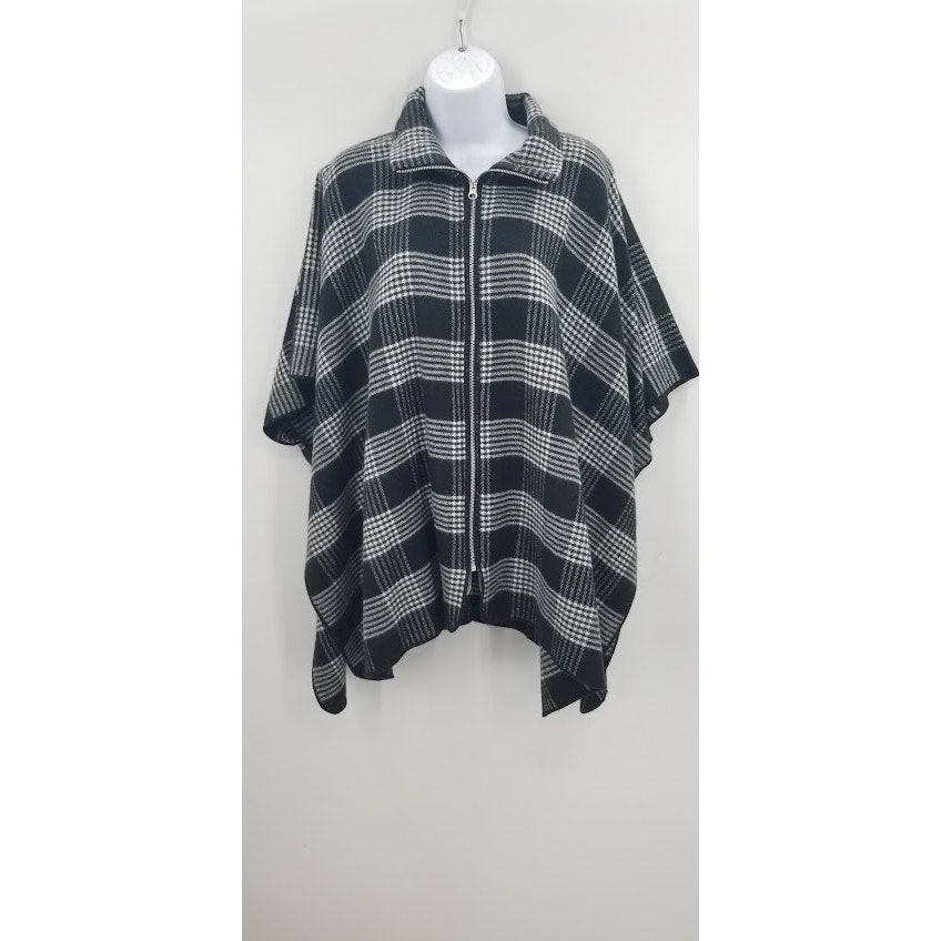 Vintage Black White Plaid Metal Zipper Poncho Wrap One Size Sweater CoverUp