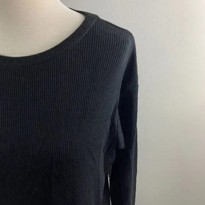 RDI Women Waffle Knit Crew Neck Crop Top Pullover XL/Extra Large Black NWT