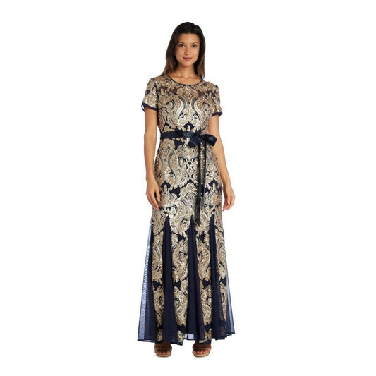 Evening Gown with Fishtail Sequins Dress Short Sleeves Round Neck Navy Gold 16