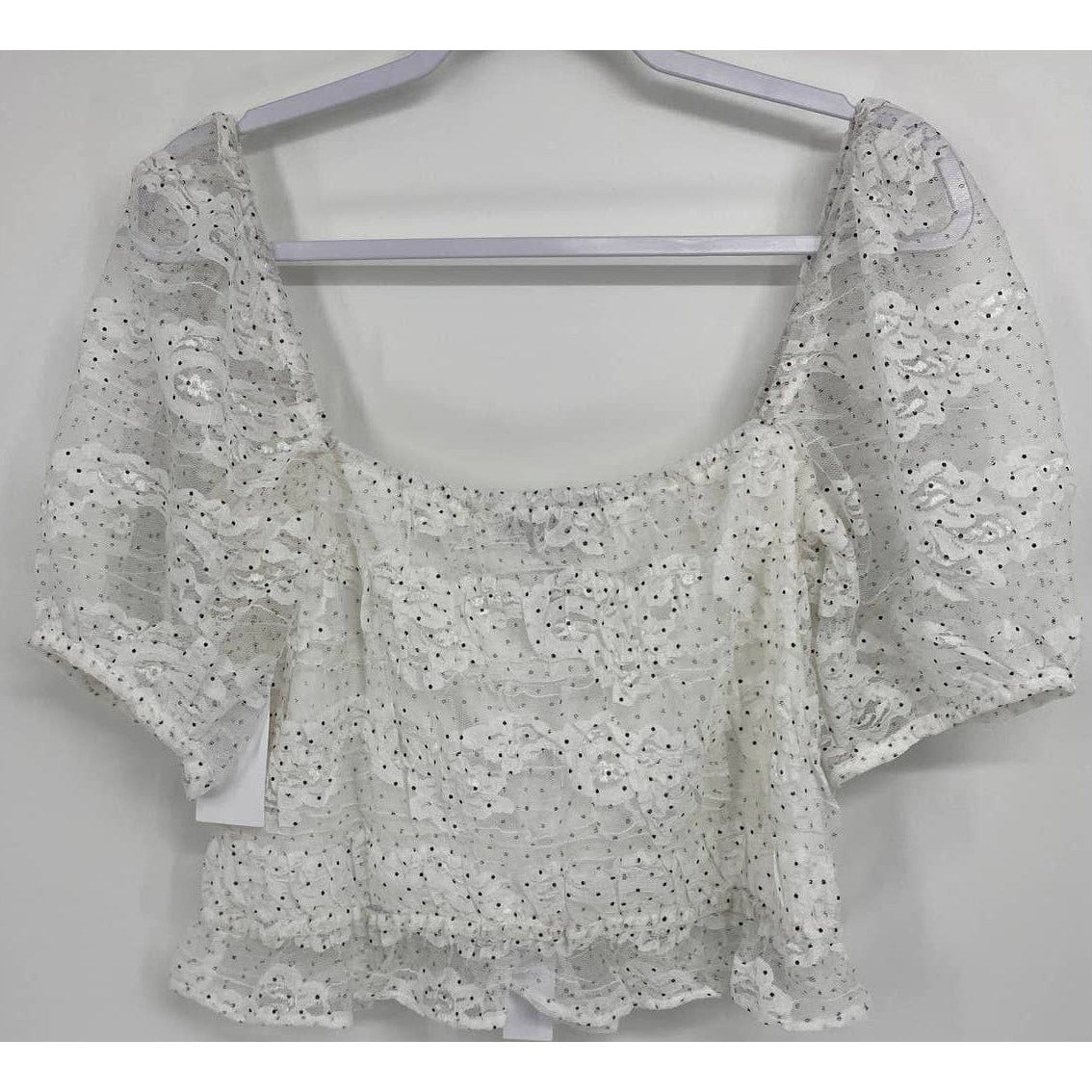NSR Blouse Extra Large/XL White Black Polka Dot NEW Lace Puff Shoulder Crop Top