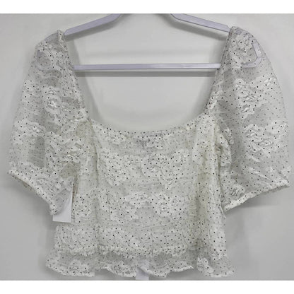 NSR Blouse Extra Large/XL White Black Polka Dot NEW Lace Puff Shoulder Crop Top