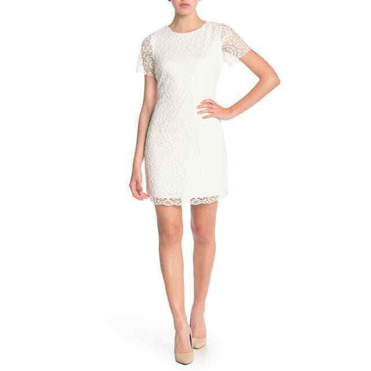 Laundry By Shelli Segal Lace Cap Sleeve Cocktail Dress Back Zip White Size 12