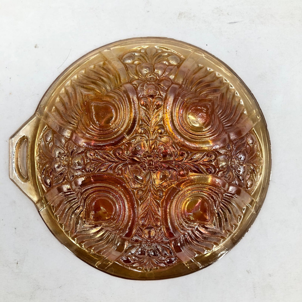 Vintage Iridescent Marigold Carnival Glass Divided Candy Nut Dish Open Handle