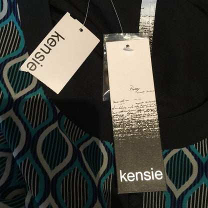 Kensie Tie Waist A-line Dress Buttons Career Sleeveless Blue/Teal/Black LARGE