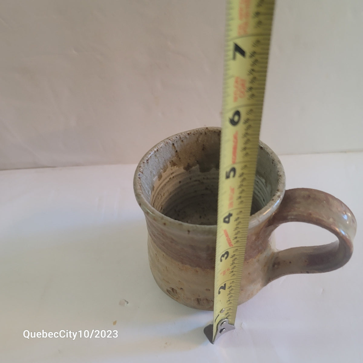 Art pottery mug cream stoneware handmade stamped JUDY