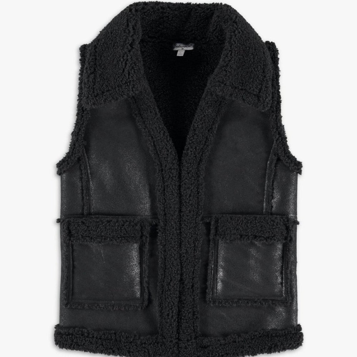 Splendid Girl Faux Leather Vest Draped Collar Two Front Patch Pockets Black Size 14