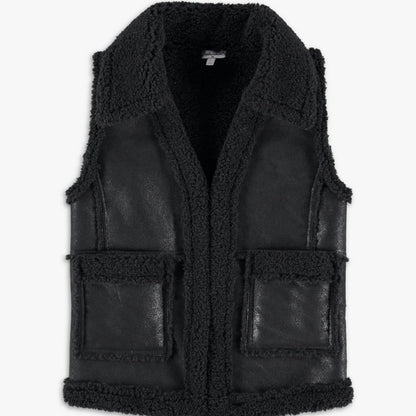 Splendid Girl Faux Leather Vest Draped Collar Two Front Patch Pockets Black Size 14