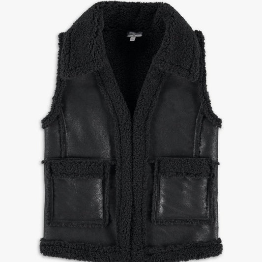 Splendid Girl Faux Leather Vest Draped Collar Two Front Patch Pockets Black Size 14