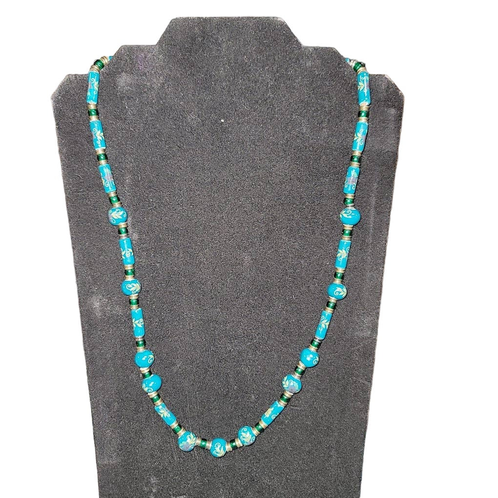 Vintage Green Teal glass Ceramic Painted Bead Necklace Floral Gold Tone 12" hang