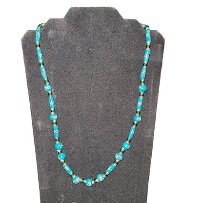 Vintage Green Teal glass Ceramic Painted Bead Necklace Floral Gold Tone 12" hang