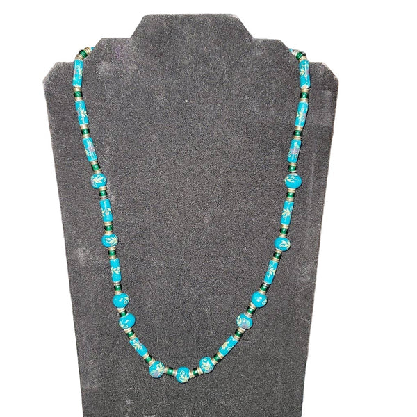 Vintage Green Teal glass Ceramic Painted Bead Necklace Floral Gold Tone 12" hang