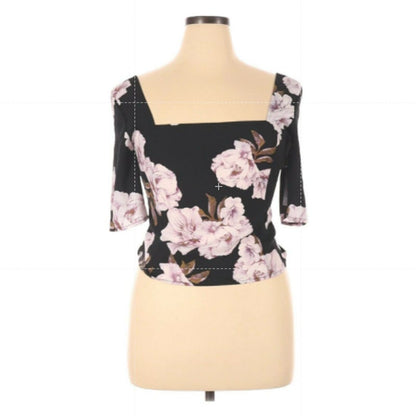 Free Press Floral Short Sleeve Blouse Top Square Neck Pink Black Size Large