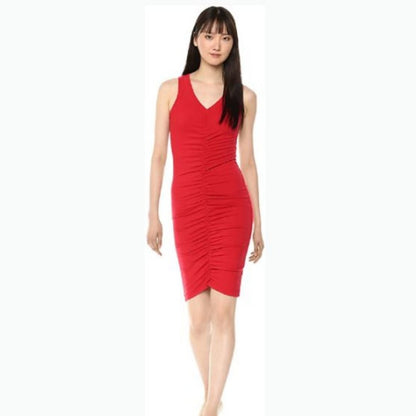 Michael Stars Sleeveless V-Neck Dress Ruching Red Medium BodyCon Slip Sleeveless