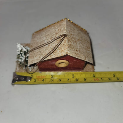 Vintage Christmas Putz house Cardboard Mica Red House with tree Ornament