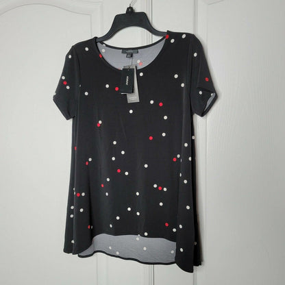 Alfani Sparse Dot Swing T-Shirt Blouse Short Sleeve Scoop Neck Black Size Small