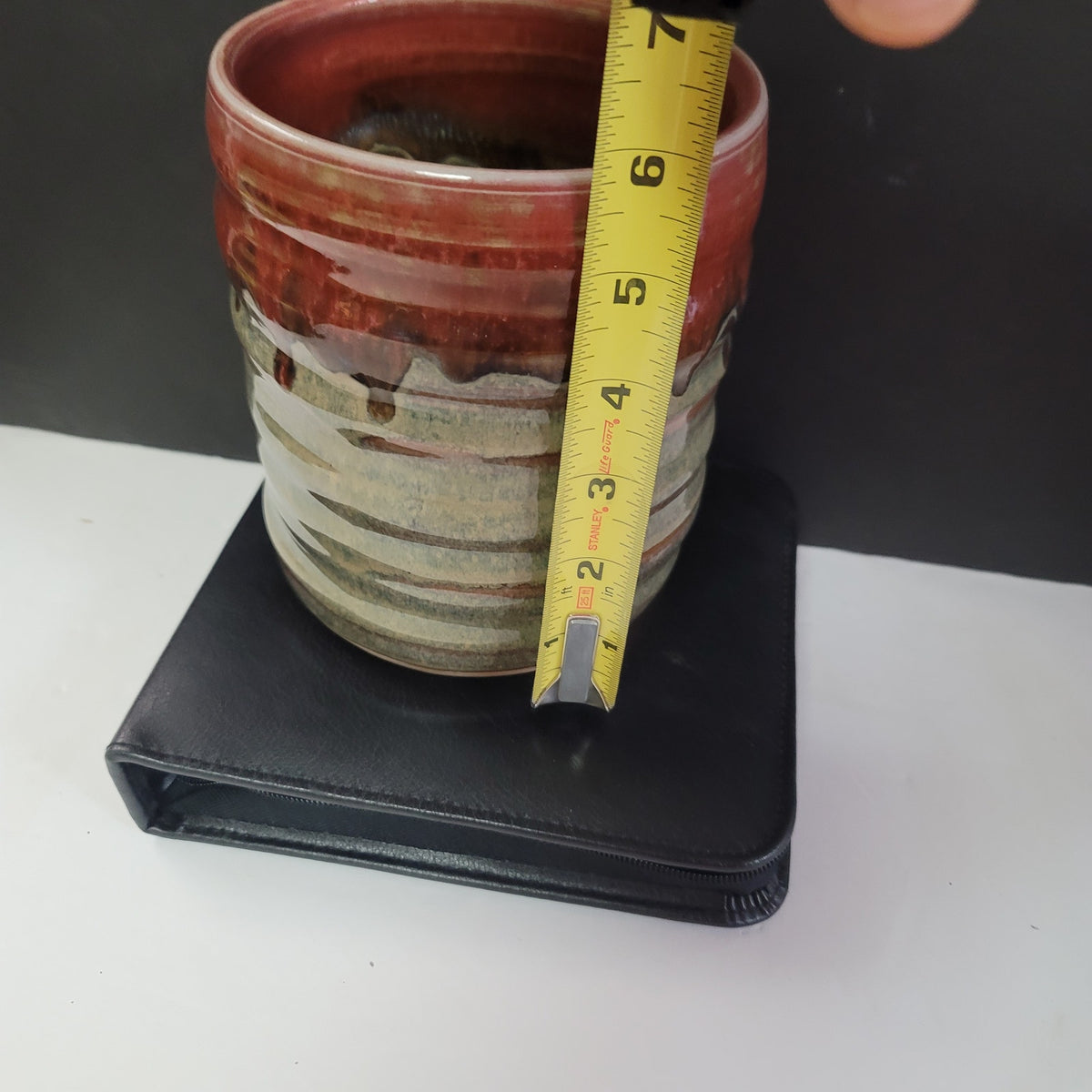 ART pottery incised vase pot Signed "White" Earth Tone drip glaze 6" tall