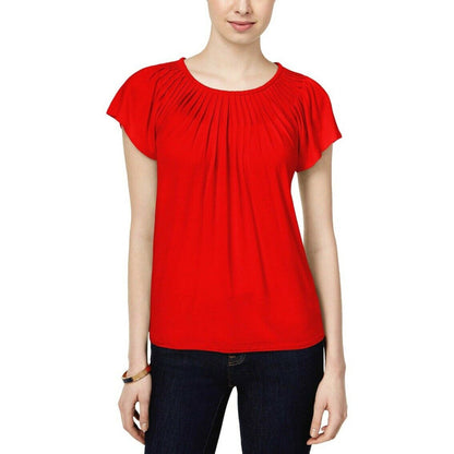 Style Co NWT Women’s Petite Cherry On Top Red Pleated-Neck Top Blouse small