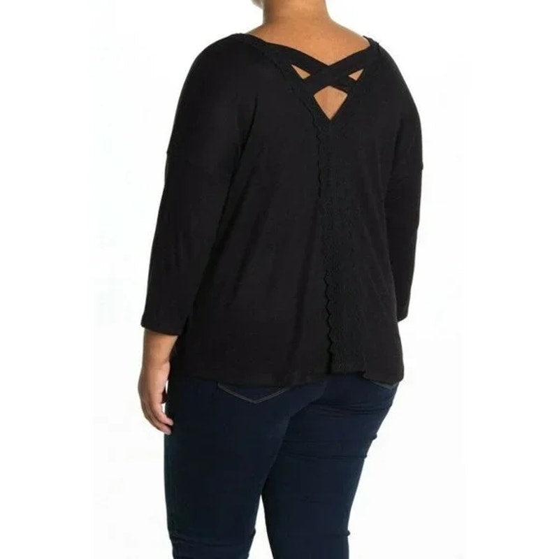 Bobeau Women's Top Cross Back Lace Trim 1X Black NEW Dolman Quarter Sleeves