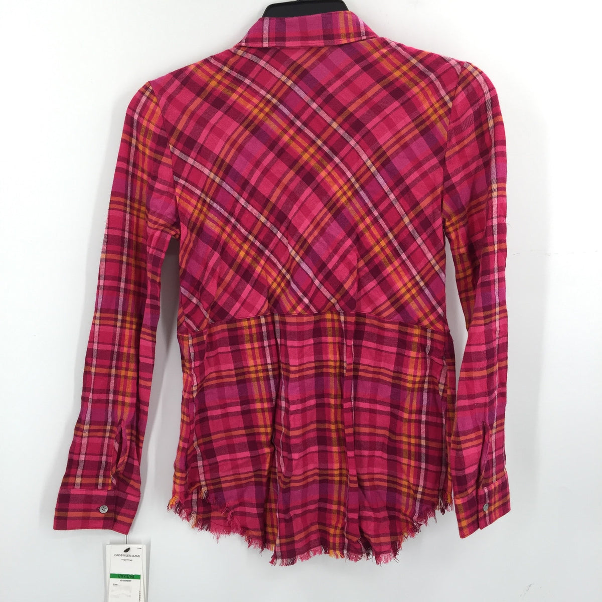 Calvin Klein Jeans Button Up Shirt Extra Large/XL 16 Raspberry Plaid NWT Raw Hem