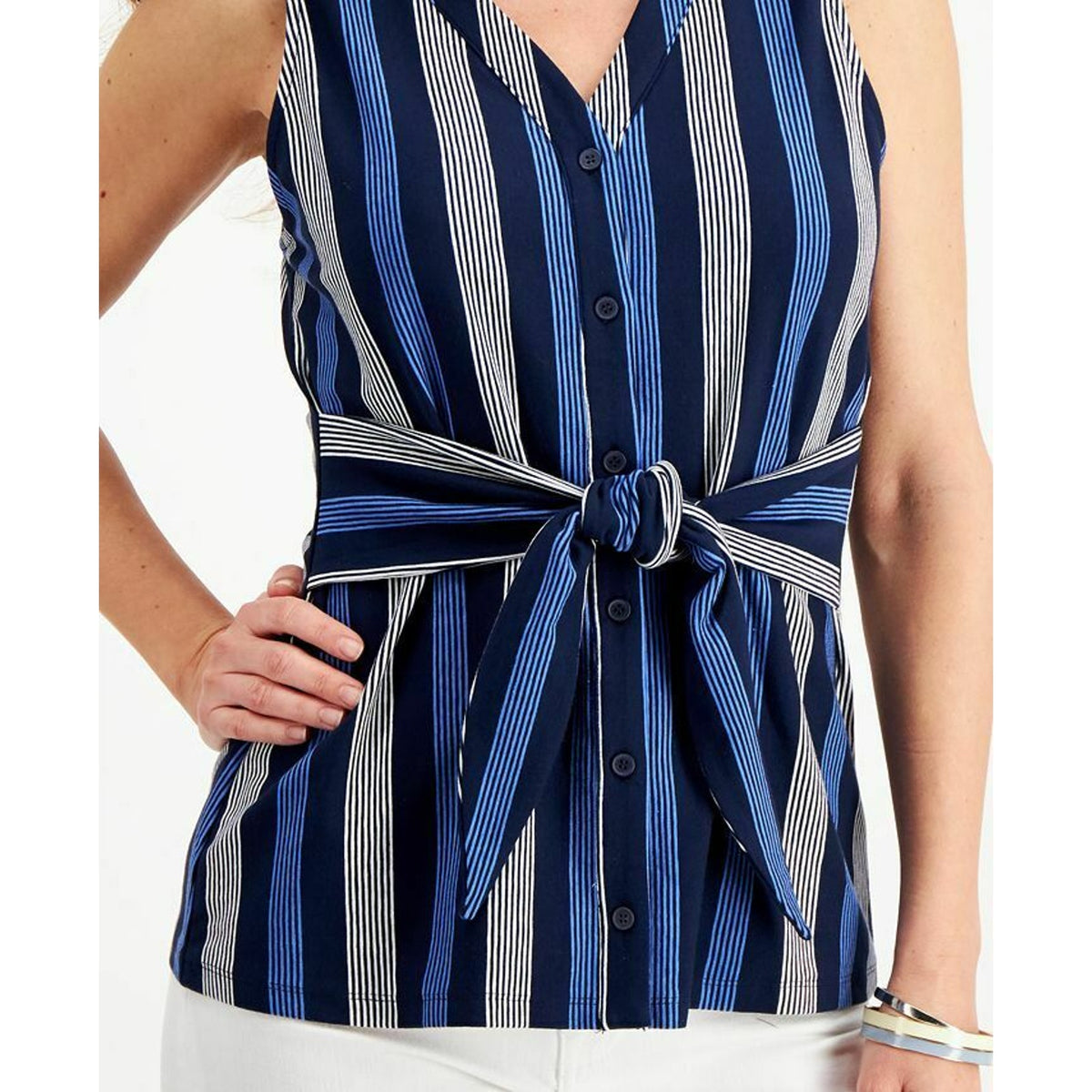 Charter Club Mixed Striped Sleeveless Top Button Front V-Neck Tie-Waist Large