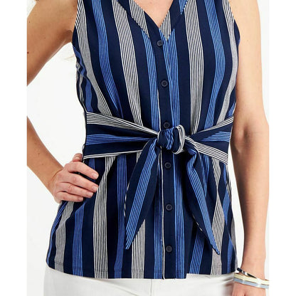 Charter Club Mixed Striped Sleeveless Top Button Front V-Neck Tie-Waist Large