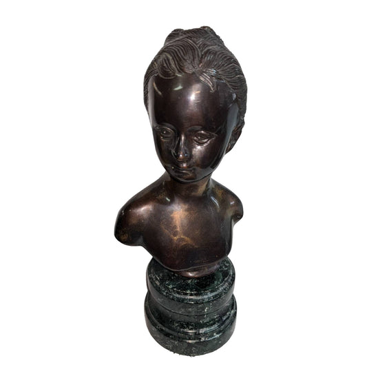 Cast Bronze Female Bust Statue on Green Marble Base Cylindrical