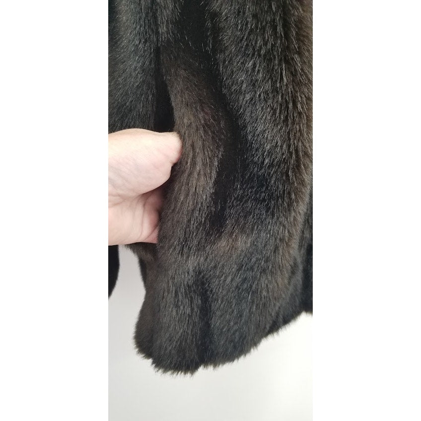 Vintage Faux Mink Fur Coat Jacket Pockets Lined Long Sleeve Collar Espresso