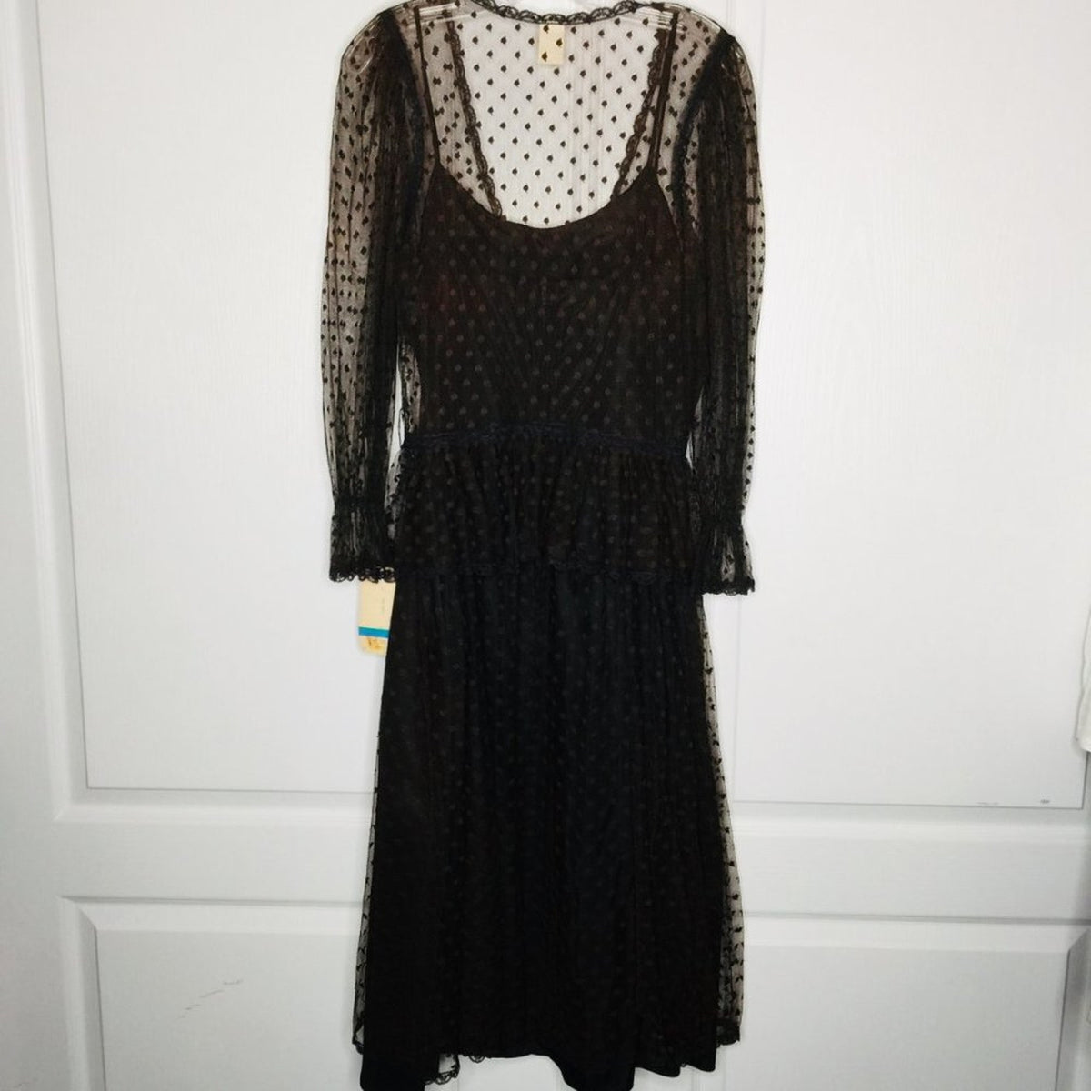 Brenner VINTAGE Sheer Dress Long Sleeve V-Neck Front Button Swiss Dot Lined New