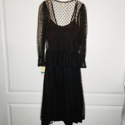 Brenner VINTAGE Sheer Dress Long Sleeve V-Neck Front Button Swiss Dot Lined New