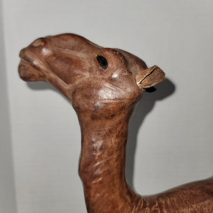 Vintage large Leather  wrapped sculpture camel 14" glass eyes souvenir handmade