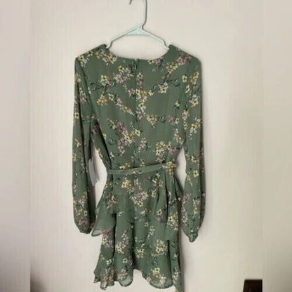 Nordstrom Leith Sage Floral Ruffle Dress Large NWT Spring Summer Long Sleeve