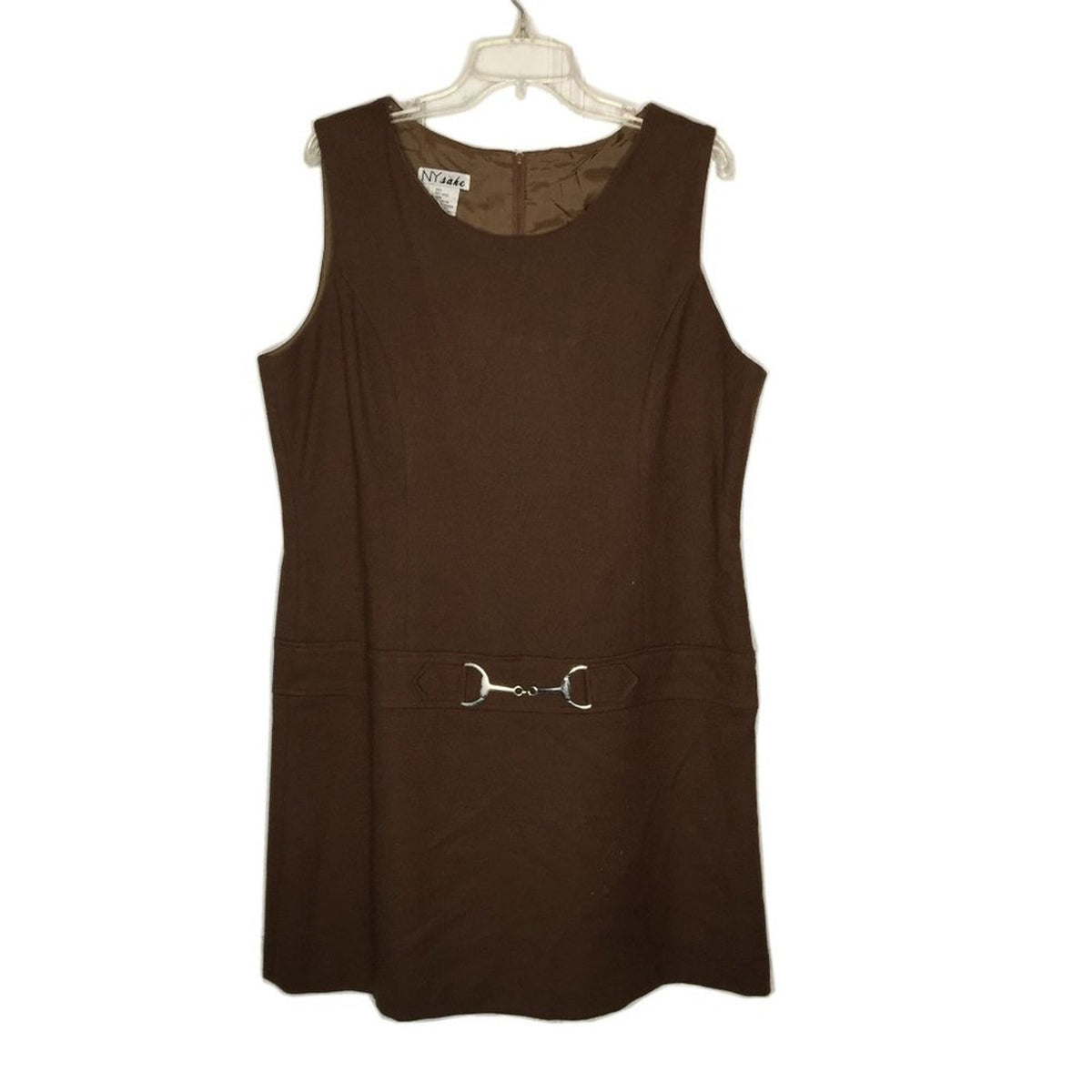 NY Sake Vintage Sleeveless Wool Sheath Layering buckle Scoop Neck Dress Brown