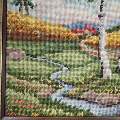 Vintage Cross Stitch Embroidery Old Country Little Church In The Woods Framed