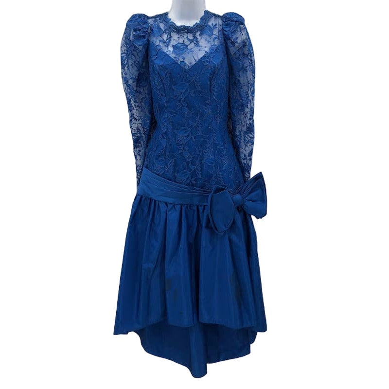 Vintage Blue 1980s High Low Lace Taffeta Dress Side Bow Crinoline 10 Long Sleeve