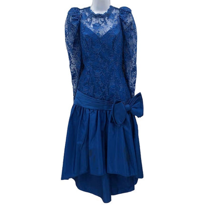 Vintage Blue 1980s High Low Lace Taffeta Dress Side Bow Crinoline 10 Long Sleeve
