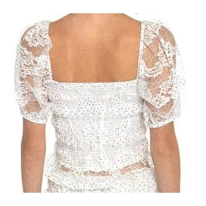 NSR Blouse Extra Large/XL White Black Polka Dot NEW Lace Puff Shoulder Crop Top