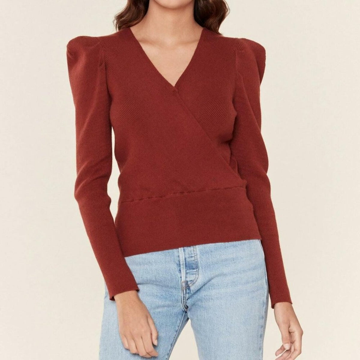 ASTR V-Neck Suki Crossover Sweater RUST Large New cozy fuzzy puff Shoulders
