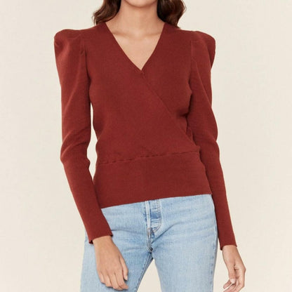 ASTR V-Neck Suki Crossover Sweater RUST Large New cozy fuzzy puff Shoulders