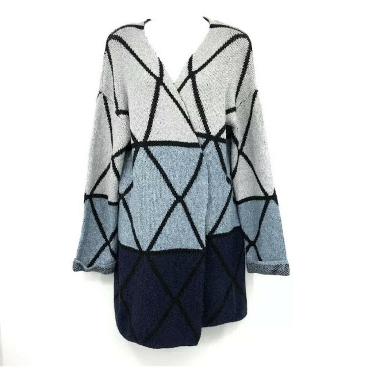JOSEPH A Ombre Grid Cardigan XS Open Front Geometric Colorblock Blue Combo NWT
