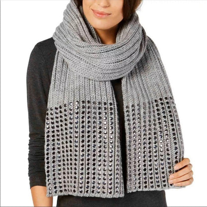 DKNY Flat-Stud Metallic Rib Knit Scarf Grey Silver 14x82 Wrap Shawl Chunky NEW