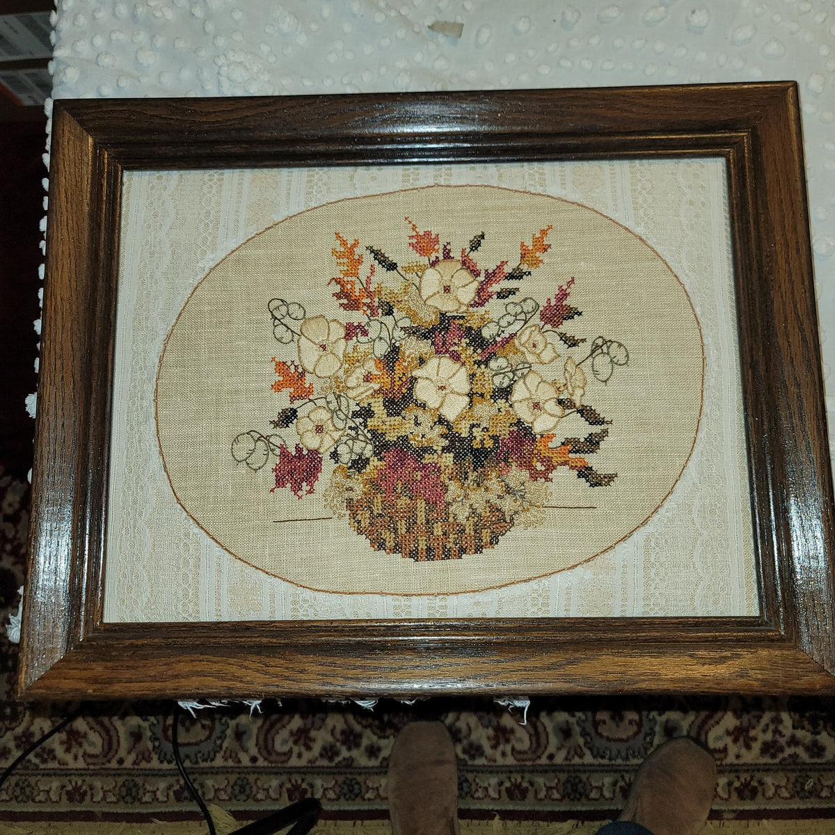 Vintage handmade embroidery wall hanging flowers floral 1970s 19" x 14.5" framed