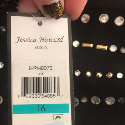 Jessica Howard Black Sheath Cocktail Dress Size 16 LBD embellished Sleeveless