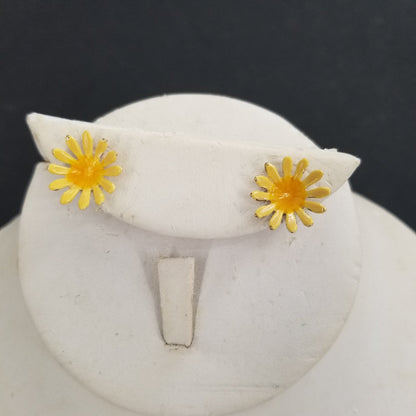 Vintage Yellow Golden Flower Metal Post Earrings Costume Jewelry
