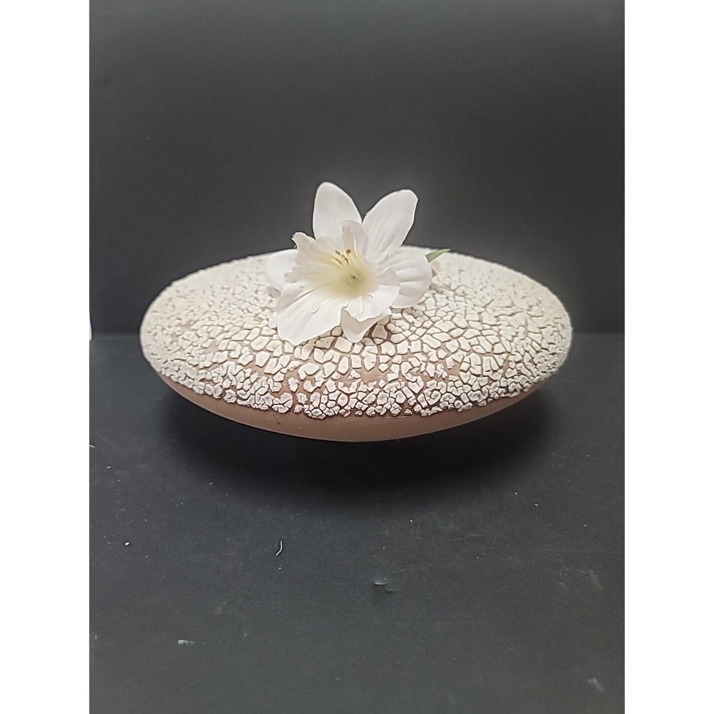 Mid Century Modern Pottery Planter White Crackle Texture Brown Bottom Spaceship
