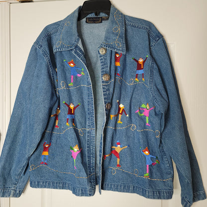 2 piece vintage denim maxi Sleeveless dress jacket embroidery skaters Large 80's