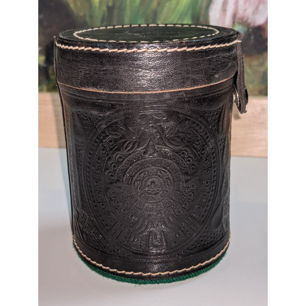 Vintage travel Game Dice Cup Leather Carved Brown Green Lining w Casino Die