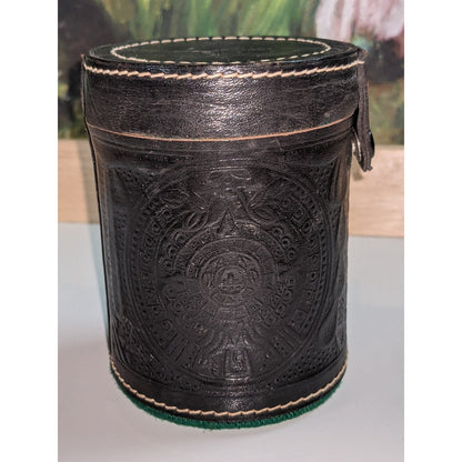 Vintage travel Game Dice Cup Leather Carved Brown Green Lining w Casino Die