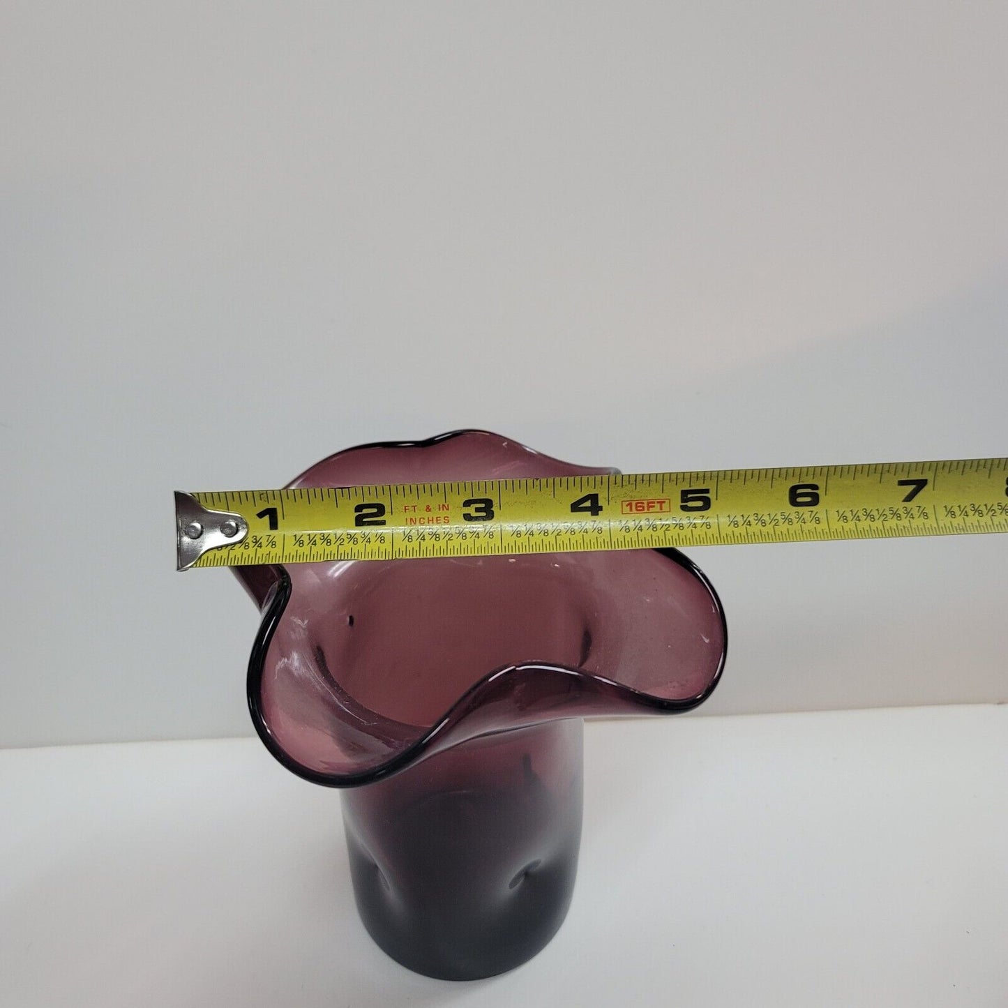 VTG BISCHOFF #512 Amethyst Pinched Flare Ruffled Thumbprint Handblown Glass Vase