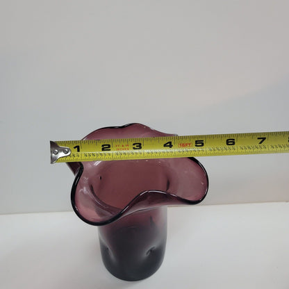 VTG BISCHOFF #512 Amethyst Pinched Flare Ruffled Thumbprint Handblown Glass Vase